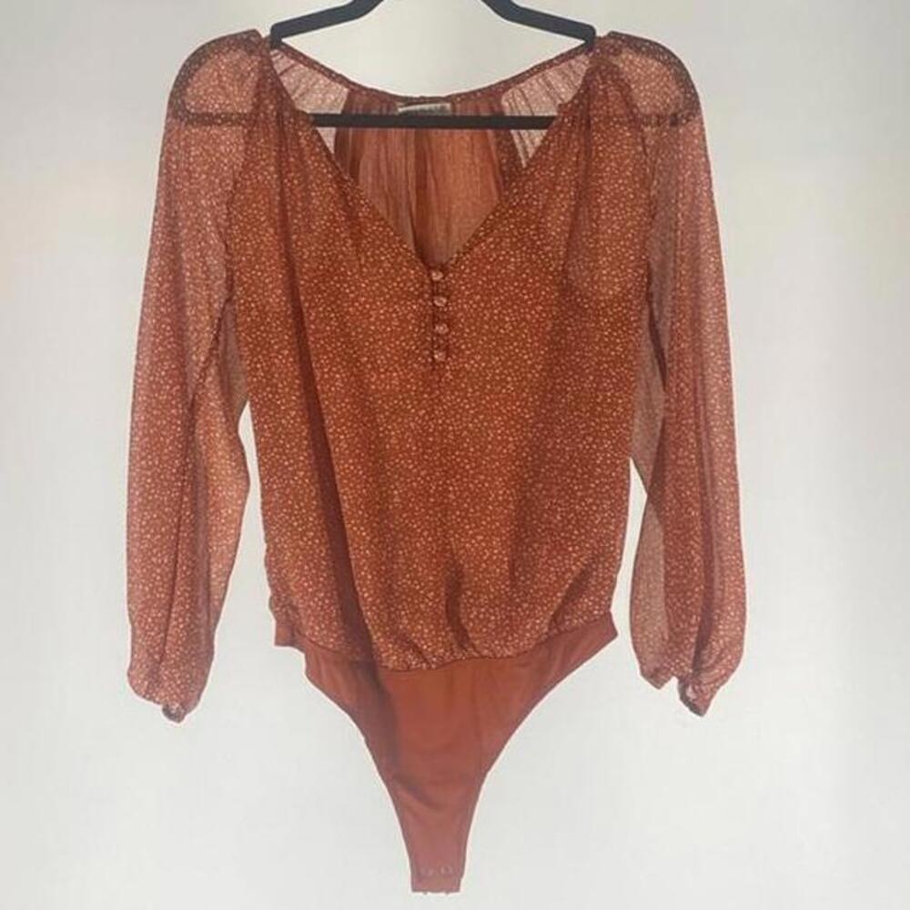 Abercrombie & Fitch Chic Rust Floral Bodysuit with Sheer Long Sleeves